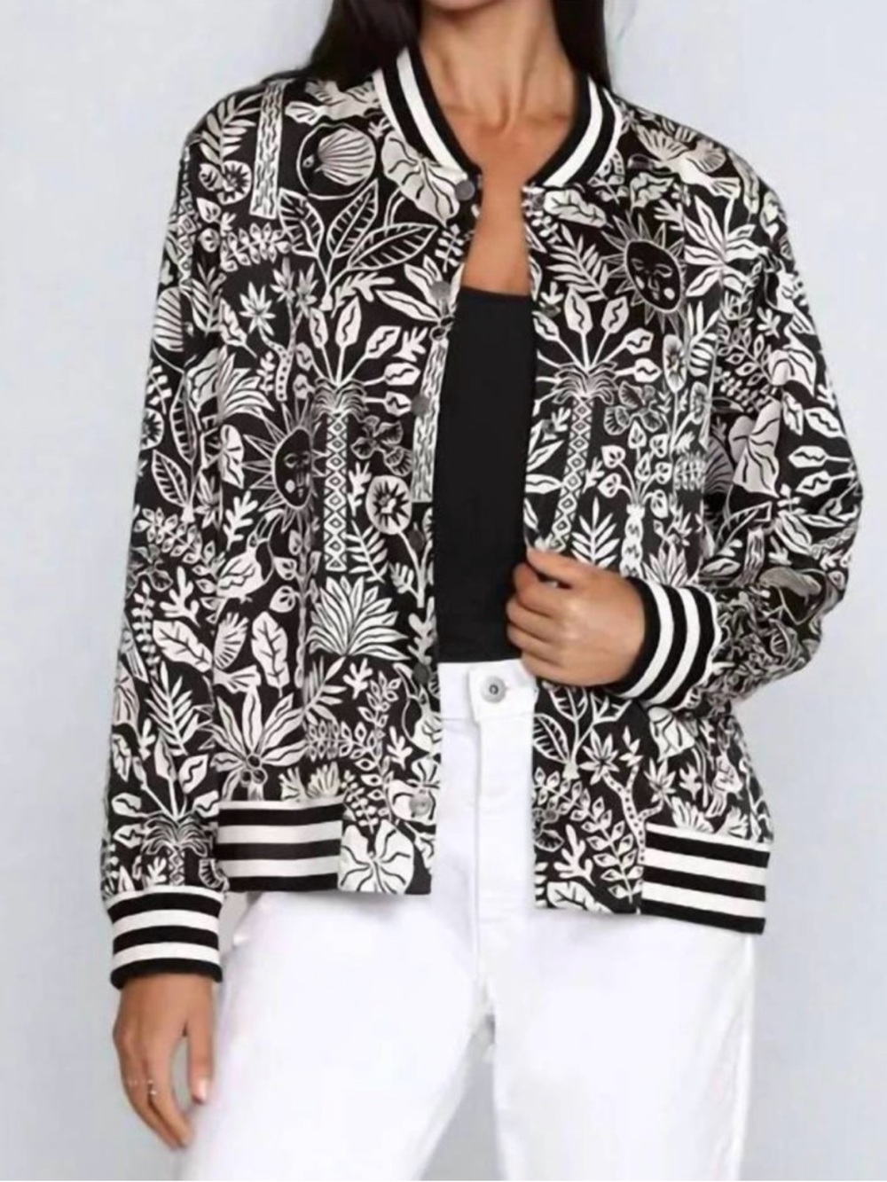 Johnny Was Workshop Luciana Snap Front Silk Bomber Jacker Size M